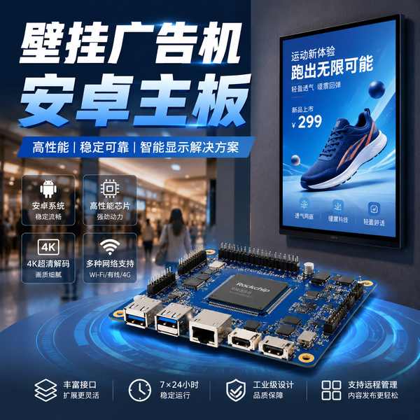 抚顺零售连锁门店壁挂商显安卓主板部署现场 — 云CMS远程发布与4K高清解码运行