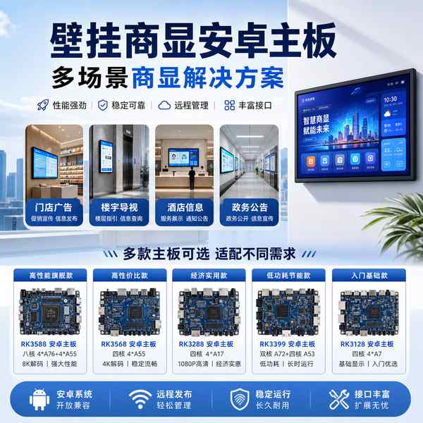 固原连锁餐厅壁挂商显安卓主板部署现场 — 云CMS远程发布与4K高清解码运行